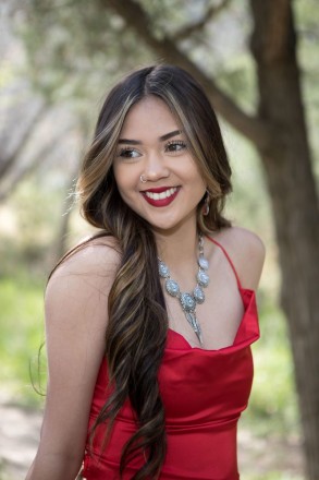 In silk and silver, Jenica smiles during her senior photo session