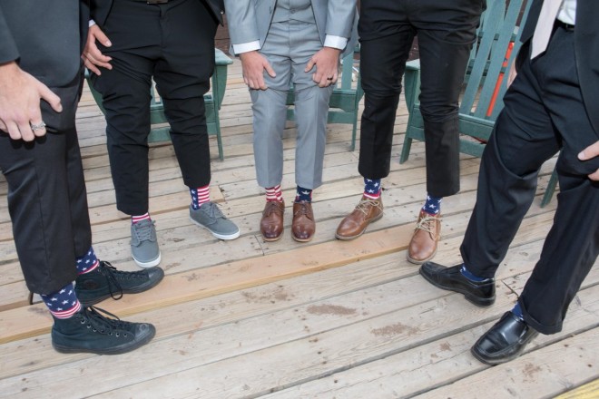 Groomsmen at Angel Fire wedding show off their matching American Flag socks