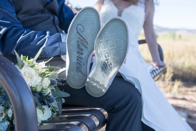 Victoria's converse shoes said, Just Married-- perfect shoes for walking around the lake
