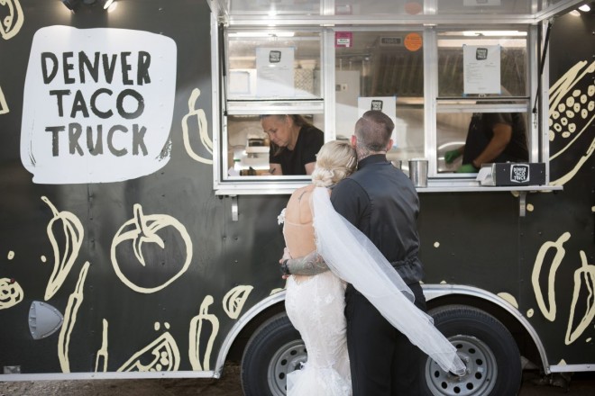 Courtney and Travis decide on their wedding night meals outside of Denver Taco Truck