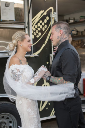 Courtney and Travis in love with Denver Taco Truck in background