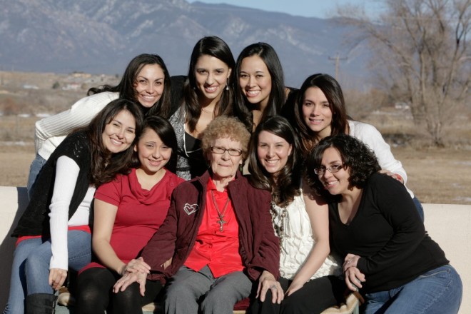 Portrait of a grandma with her eight granddaughters in Taos, NM